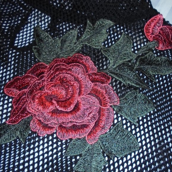 Top Cropped Black Mesh Embroidered see-through net short blouse shirt Retro - Picture 3 of 8